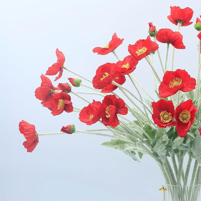 2 Pcs Artificial Fake Flowers Plants Poppies Silk Flower Arrangements Wedding Bouquets Decorations Plastic Floral Table Centerpieces for Home Kitchen Garden Party Decor Approx 23.6" High - Red
