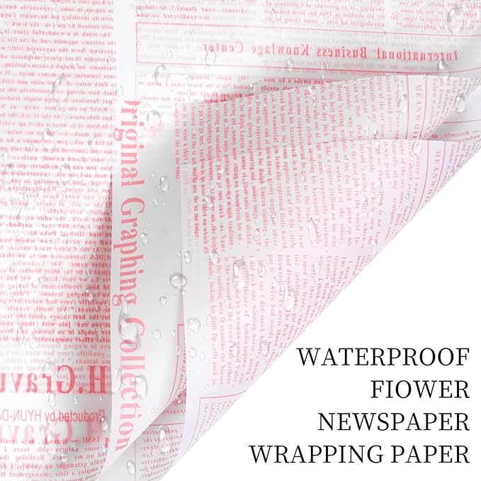 LeZakaa 20 Sheets Newsprint Flower Wrapping Paper, Waterproof Floral Bouquet Paper, White & Pink Newsprint Design for Valentine's Day, Mother's Day, Birthday Party, Bridal Shower, Wedding, Baby Shower