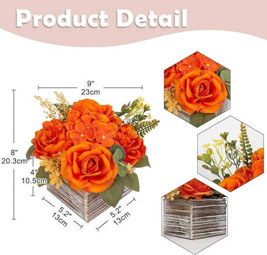 Flower Arrangement with Wooden Vase 8" Artificial Flowers in Pot - Fake Flowers Roses Peonies Hydrangeas in Wooden Vase Potted Artificial Flower Centerpieces for Table Decor Living Room - Burnt Orange