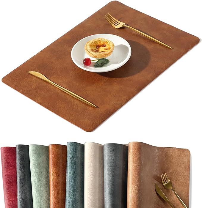 UnivoColors Washed Cowhide Pattern PU Leather Placemats Set of 6 Heat Resistant Kitchen Table Mats, Waterproof Wipeable for Party Decoration(Reddish Brown)