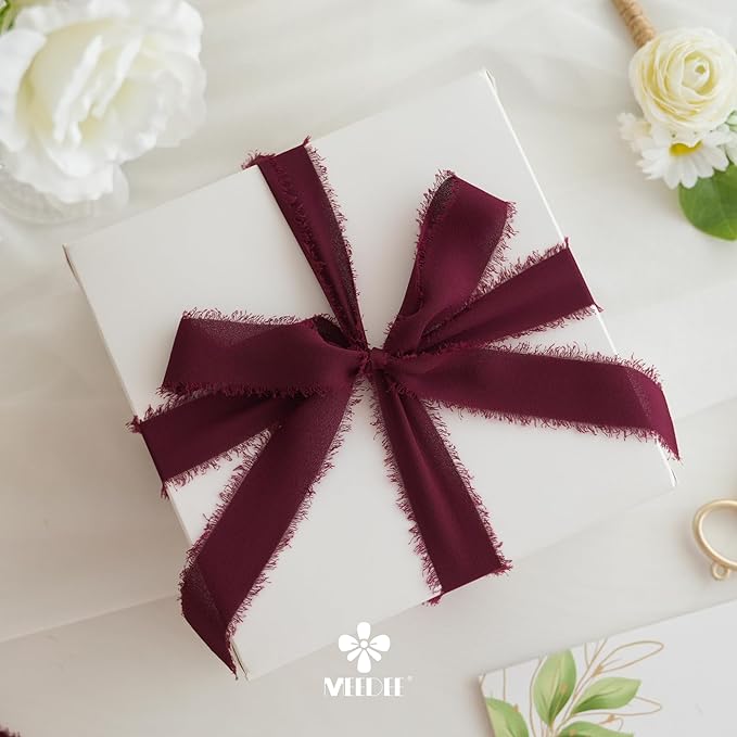 MEEDEE Burgundy Chiffon Ribbon 1 Inch Fringe Ribbons Dark Red Chiffon Silk Frayed Burgundy Ribbon Thin Chiffon Ribbons for Crafts, Gift Wrapping, Wedding Invitation (3 Rolls 21 Yards)