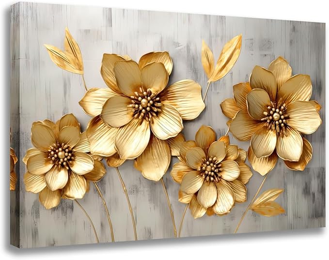 GLOKAKA Gold Metallic Flowers Print Wall Art Elegant Floral Flower Canvas on Grey Background Painting Picture Artwork for Living Room Bedroom Bathroom Decor (Gold Metallic Flowers, 24"x16")