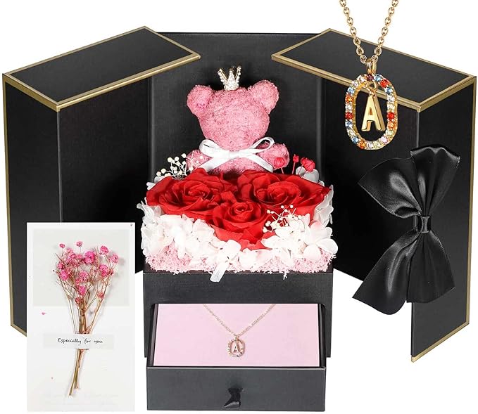 Cute Preserved Real Roses Bear Gift Box for Girlfriend with Initial Necklace A, Birthday Gifts for Women, Mom, Her, Grandma, Wife Birthday Gift Ideas