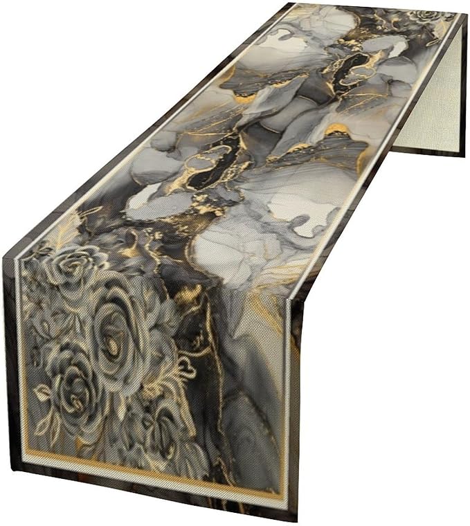 Grey Marble Flower Table Runner, Black Grey Marble Golden Veins Abstract White Natural Texture Floral Dinner Runner Table Decoration for Home Kitchen Dining Holiday Party 13x108in