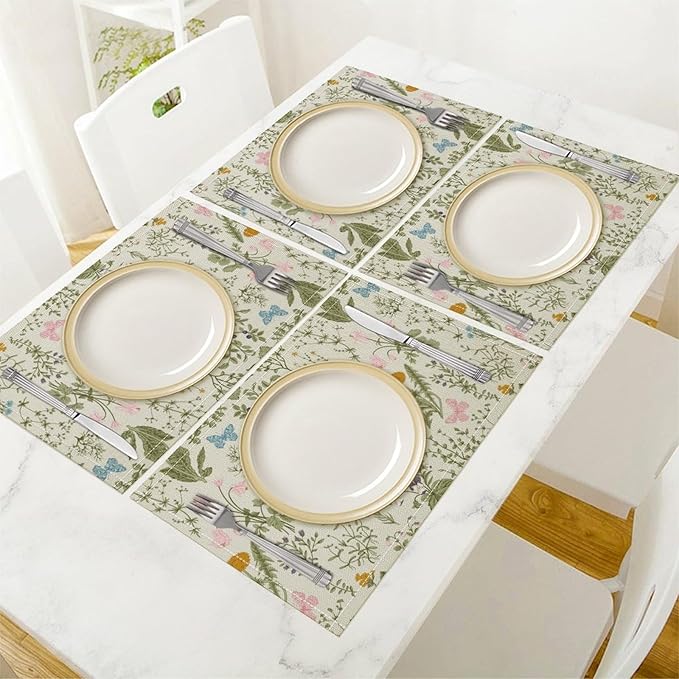 Botanical Placemats Set of 4, 17x12 Inch Butterfly Green Leaf Colorful Wildflower Vintage Rustic Style Table Mats for Home Party Kitchen Dining Decor