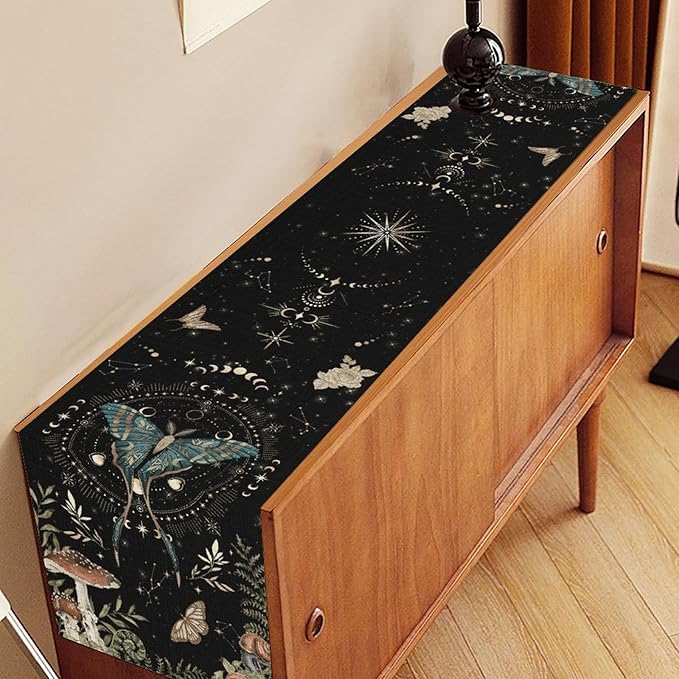 Gothic Moth Table Runner, Boho Gothic Sun Moon Phase Mystical Mushroom Floral Witchy Farmhouse Coffee Table Center Decor for Home Kitchen Dining Patio Holiday Party Table Decorations 13x36 inches