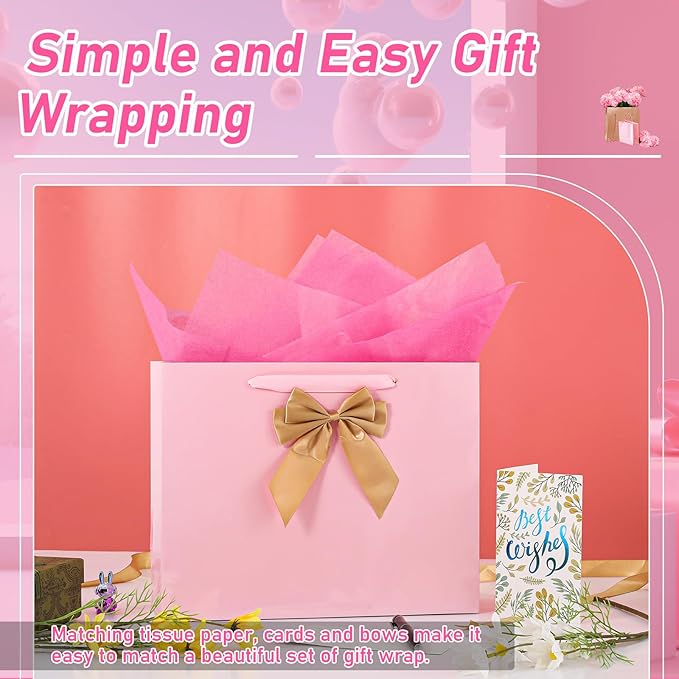 Bloomwords 13" Pink Gift Bag Set - 1 Large Paper Bag with Bow, Greeting Card & 2 Tissues, Sturdy Handles for Birthdays, Mother's Day & Special Occasions
