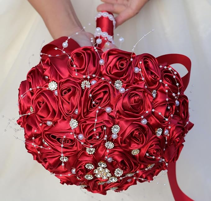 Bridal Wedding Bouquet Round Bling Brooch Bouquet Throw Toss Artificial Rose Flower Bunch for Bride Bridesmaid Wedding Quinceanera(Ruby Red, 6.3")