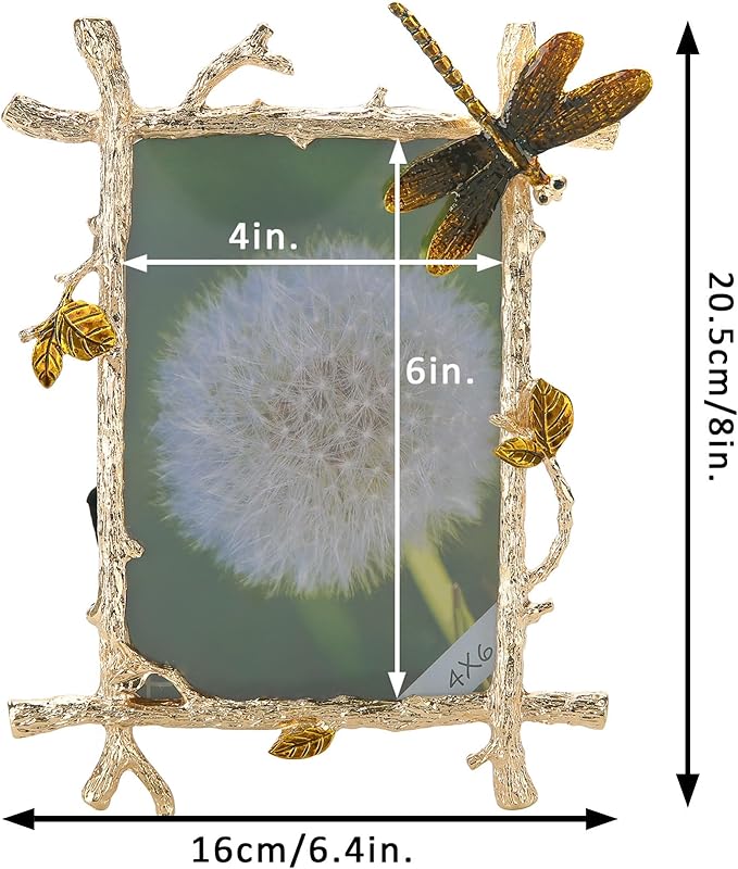 4x6 Picture Frame Brass Dragonfly Ornament Vintage Ornate Home Decor Gifts for Women Men Antique Gold Photo Frame with Glass Front Metal Brass Art Table Decor for Birthday Mothers Day