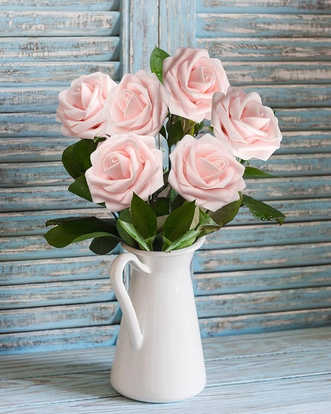JOYLEX Artificial Flowers Realistic Roses, 50pcs Real Looking Fake Roses with Stem for DIY Wedding Bouquets Centerpieces Bridal Shower Party Home Romantic Decorations (Light Pink)