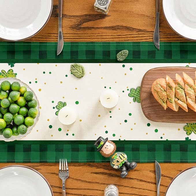 Artoid Mode Shamrock Buffalo Plaid Gnomes Lucky St. Patrick's Day Table Runner, Kitchen Dining Table Decor for Outdoor Home Party Decor 13 x 72 Inch