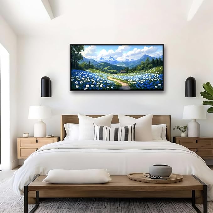 Mountain Large Wall Art Framed Wall Decor for Living Room Countryside Wildflowers Pictures Oversized Canvas Print Painting Modern Extra Large Framed Artwork for Bedroom Office 60"x30"