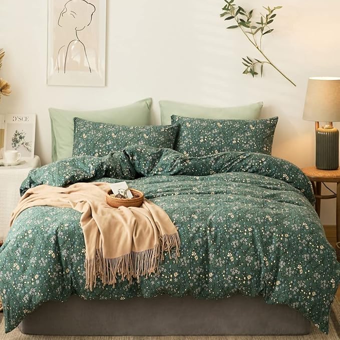 EAVD Vintage Style Floral Duvet Cover Twin Soft Jersey Knit Cotton Chic Floral Bedding Set for Girls Women Reversible Green Floral Comforter Set with Zipper Closure 4 Ties