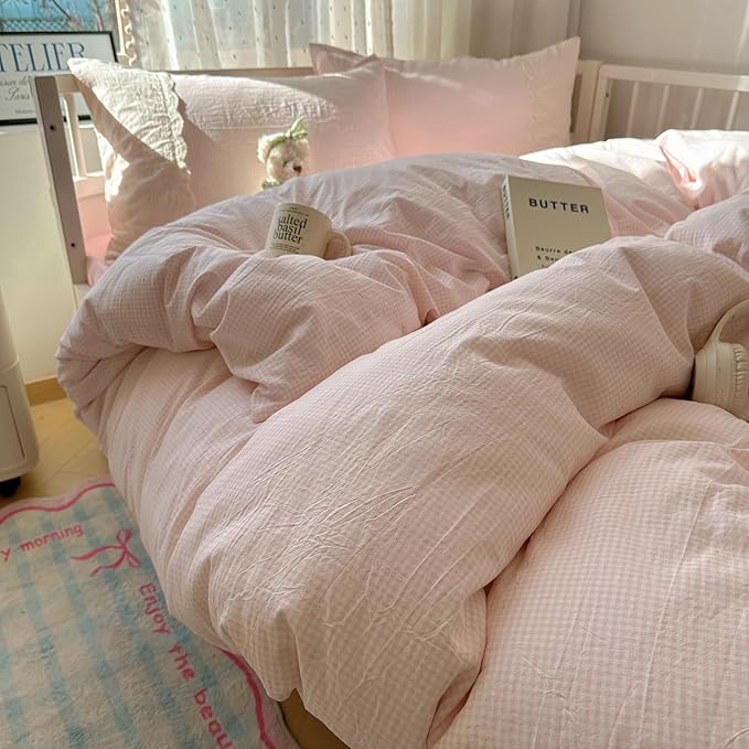 VM VOUGEMARKET Pink Plaid Comforter Set with White Lace Twin XL Kids Teens Grid Gingham Quilt Comforter for Girl's College Dorm Soft Lightweight Cozy Bedding Set