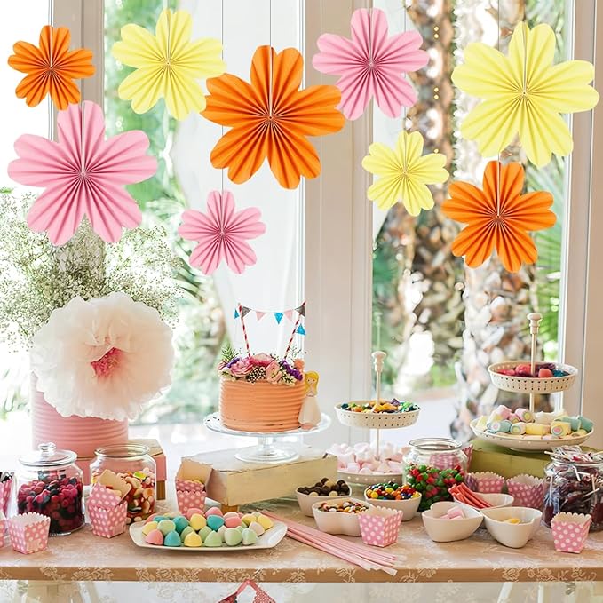 zilue Paper Fans Party Decorations Paper Flowers Decorations for Wall Classroom Floral Backdrop Baby Shower Birthday Party Flower Wall Decor Pack of 9 Pink Orange Ivory
