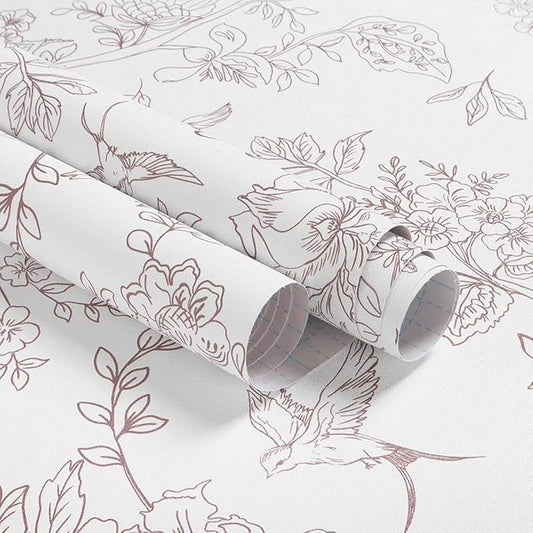 Red and White Floral Peel and Stick Wallpaper 16.9"x196.8" Vintage Floral Contact Paper Peel and Stick Bird Flower Wallpaper Self Adhesive Removable Wall Paper for Cabinets Bathroom Decorative