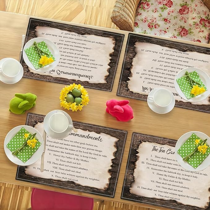 10 Commandments Placemats Set of 4, Ten Commandments Religious Place Mats Washable Double-Sided Table Mats for Kitchen Dining Room Home Party Indoor 4 PCS 12x18 Inch