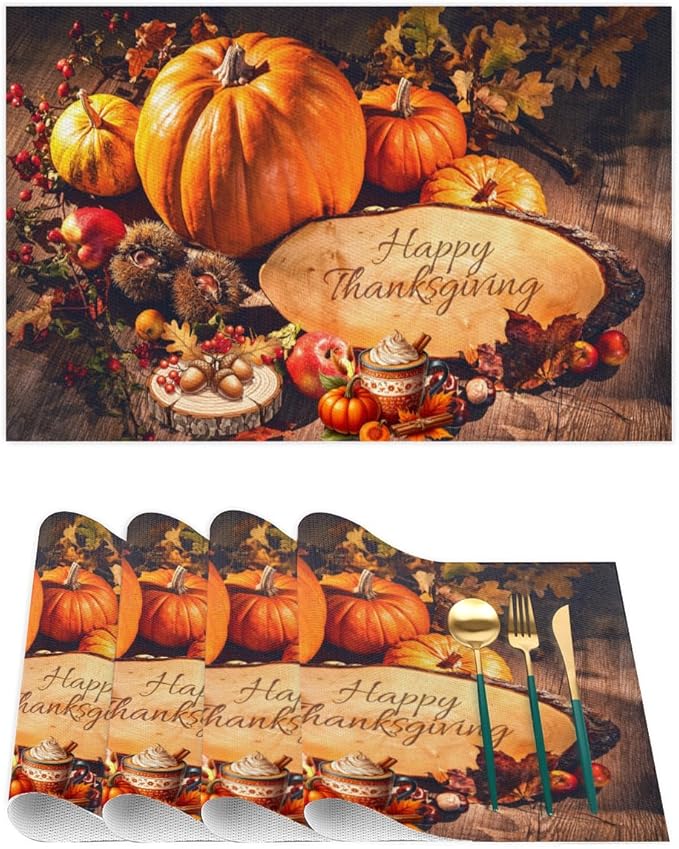 Thanksgiving Holiday Modern Pumpkins Placemats Set of 6 PVC Vinyl Non Slip Table Mats Heat Resistant Place Mats Washable Wipeable Dining Table Mat for Kitchen Party Indoor Outdoor Decorative Gift