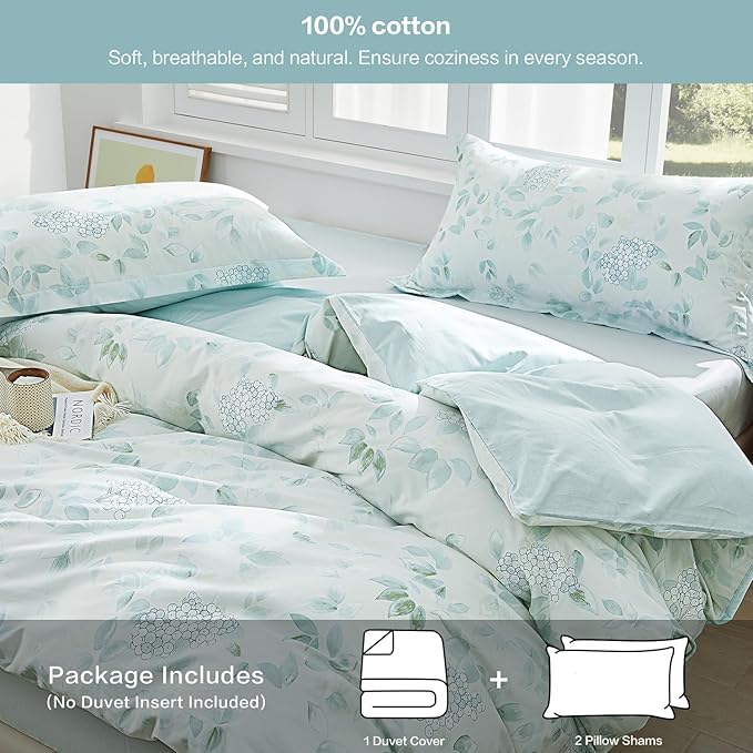 SAPHREAS Botanical Leaves Duvet Cover Set Full Size 3pcs Agua Blue Bedding Comforter Cover Set 100% Cotton 1 Duvet Cover 2 Pillow Shams, Comforter Not Included