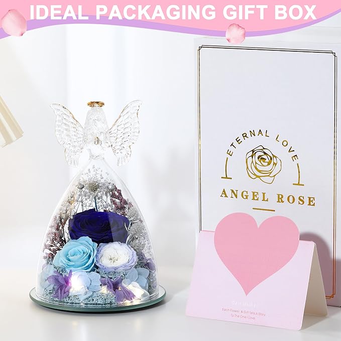 Christmas Rose Gifts for Women Preserved Real Flower in Glass Angel Figurines Roses for Delivery Prime Birthday Gifts for Mom Grandma Girlfriend Wife Her,Blue Austin Roses