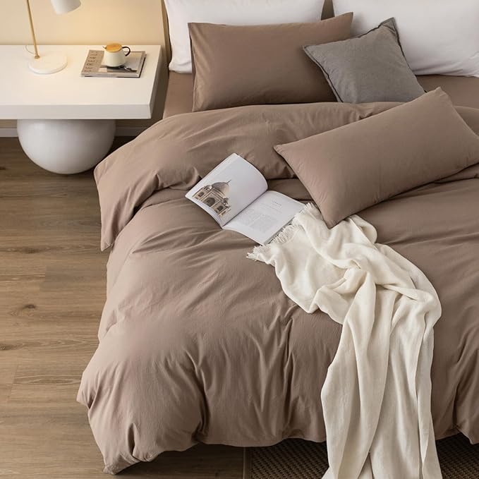 JIYUAN 100% Washed Cotton Duvet Cover Set 2 Pieces Twin, 1 Duvet Cover 68x90 Inches(Comforter Not Included) and 1 Pillowcases,Linen Feel Bedding Set Comfy and Breathable,Light Brown