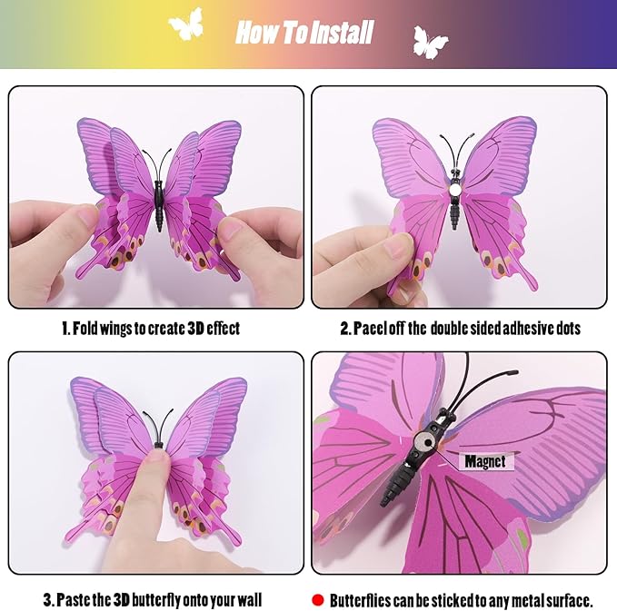 SAOROPEB 3D Butterfly Wall Decor, 72 Pcs Double Layer Butterfly Decorations for Party Decorations Locker Decor Refrigerator Decal, Reusable (Purple)