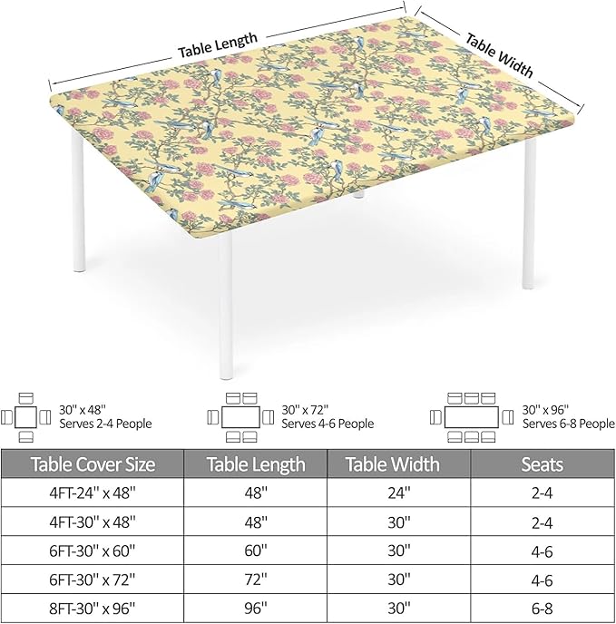 Rectangle Table Cloth Cover Waterproof Elastic Fitted Polyester Fitted Tablecloths for 6 Foot Tables for Indoor,Picnic, Camping, Outdoor （60" x 30"，Bird）