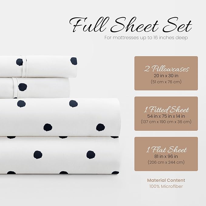 Linen Market Double-Brushed Patterned Microfiber Full Sheet Set 4 Piece – Oeko-TEX Certified Ultra Soft & Wrinkle-Free - 16" Deep Pocket Sheets - Easy Care Full Size - Dots Navy