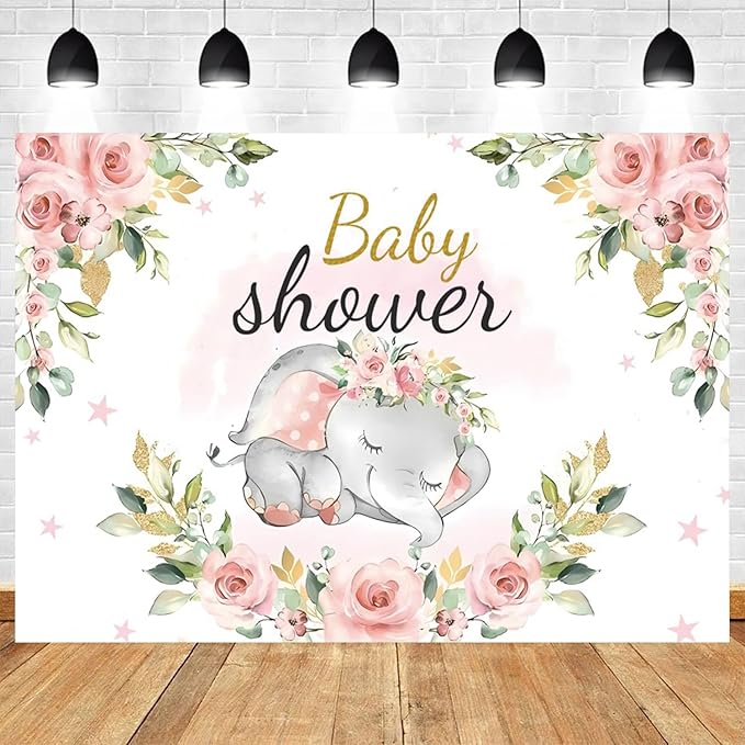 10x8ft Elephant Baby Shower Backdrop for Girl Pink Flowers Photography Background Newborn Girls Birthday Banner Decorations Sweet Princess Baby Party Portrait Photo Booth Prop