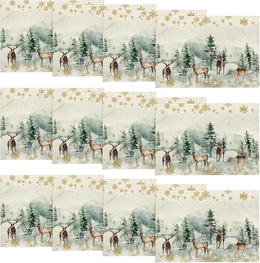 Artoid Mode Watercolor Deer Trees Snowflakes Christmas Placemats Set of 12, 12x18 Inch Seasonal Winter Table Mats for Party Kitchen Dining Decoration
