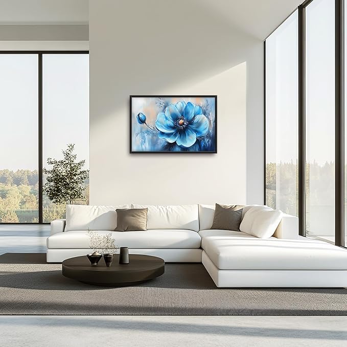 Extra Large Abstract Blue Flower Framed Wall Art for Living Room,Oversized Elegant Floral Pictures Wall Decor,Canvas Print Painting Modern Artwork Bedroom Office Bathroom 36L x 24W