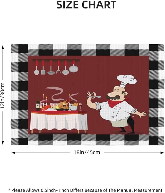 Chef Kitchen Linen Placemats Set of 4 Black White Buffalo Plaid Cooking Theme Placemats for Indoor Outdoor Party Home Desktop Dining Room Decor 12x18 Inch