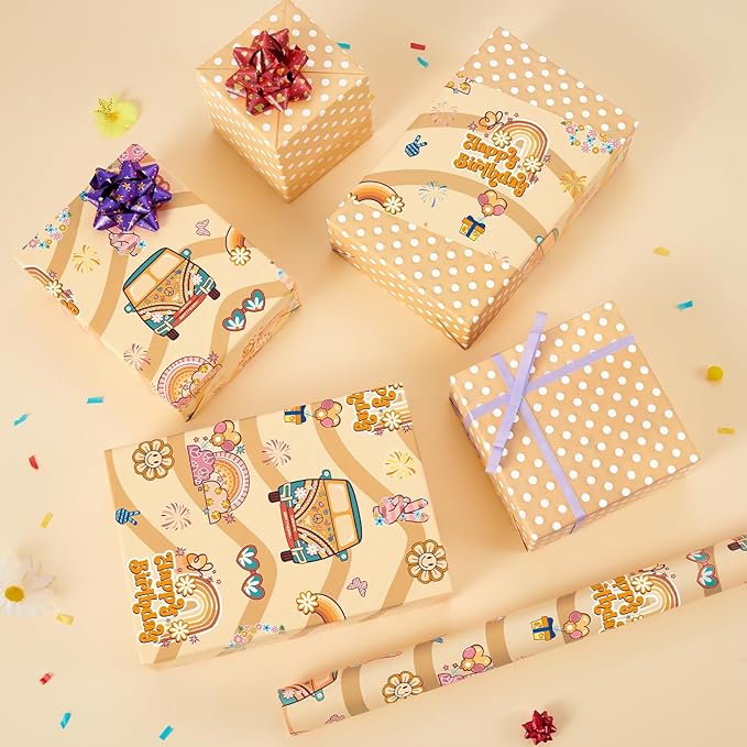 WERNNSAI Groovy Hippie Wrapping Paper - 1 Roll 17” x 33 ft Boho Rainbow Daisy Wrapping Paper Retro Brown Gift Packing Favor for Kids Birthday Vintage Theme Party Supplies Reversible Polka Dot Design