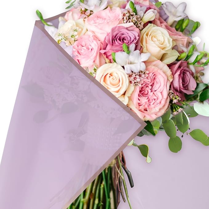 Kosotody 20 Sheets Flower Wrapping Paper Waterproof Florist Bouquet with Ribbon for Bouquets DIY Crafts Packaging Bouquet, 22.8x22.8 inch (Purple), KOS038-WRAPPERPURPLE