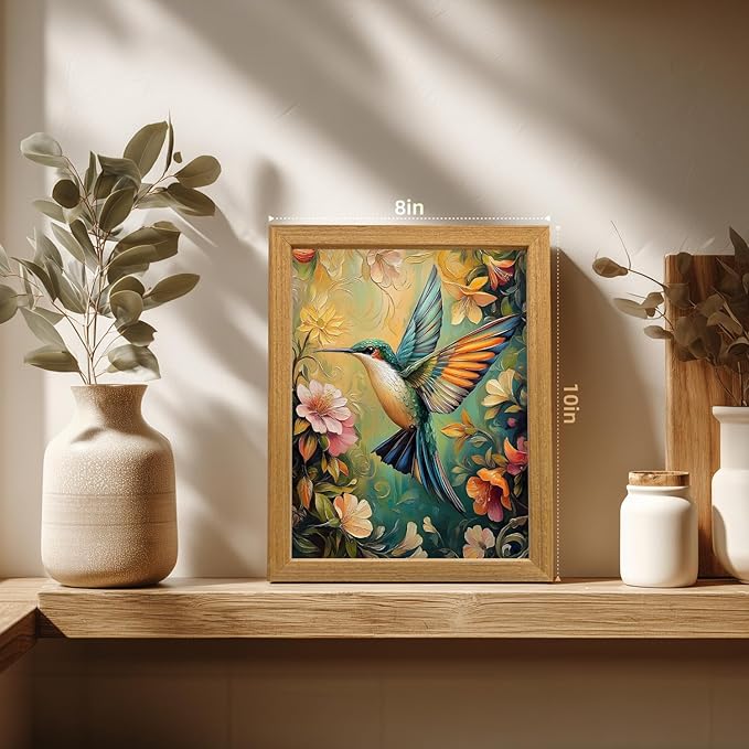LLEEMPI William Morris Wall Art, Vintage Bird Floral Wall Decor, Hummingbird Flower Canvas Painting, Colorful Nature Botanical Aesthetic Picture for Living Room Bedroom Kid Room Wood Framed 8x10 inch