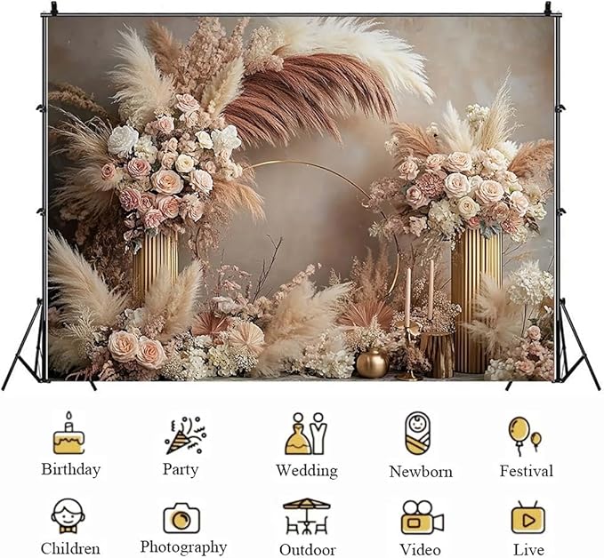 Boho Floral Wedding Backdrop Pampas Grass Flower Curtain Background Wedding Bridal Shower Anniversary Party Decoration Backdrop Newborn Baby Shower Pregnancy Photos Backdrop (7x5feet)