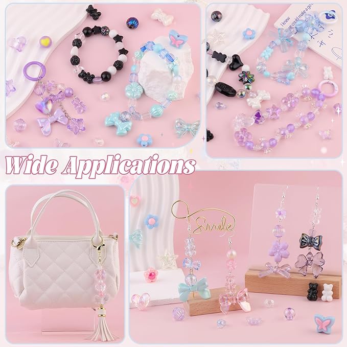 Assorted Acrylic Beads, 200-260PCS Black Cute Beads for Bracelet Making, GummyBear Bow Flower Candy Kawaii Charms for Jewelry Making DIY Necklace Keychain Phone Charm Christmas Gift