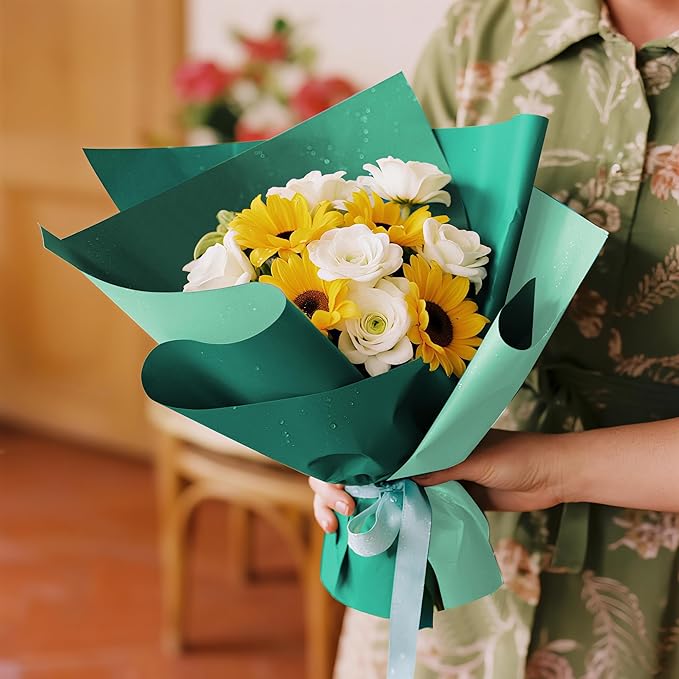 WRAPAHOLIC 20 Sheets Flower Wrapping Paper - 22.4 x 22.4 inch Emerald Green Series Water-Resistant Floral Bouquet Wrapping Paper, Florist Supplies Packaging for Wedding Birthday Gift DIY