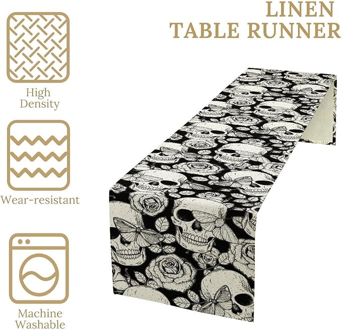 Gothic Table Runner,Black White Skeleton Flower Moth Print Table Runner for Home Kitchen Table Dining Garden Farmhouse Wedding Party Decor 13x60 Inch