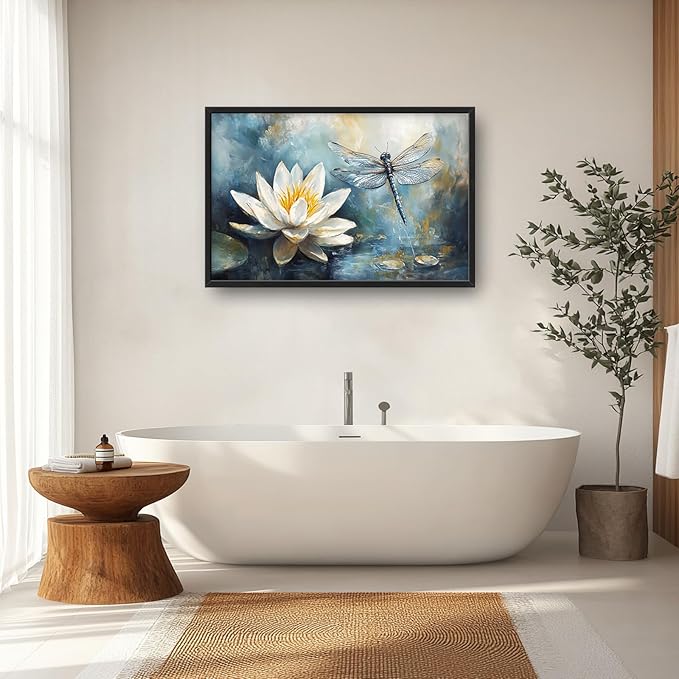 Extra Large Lotus Dragonfly Framed Wall Art for Living Room,Abstract Blue Lotus Flower Lake Pictures Wall Decor,Nature Canvas Print Painting Modern Artwork Bedroom Office Bathroom 36L x 24W