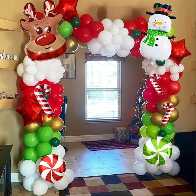 Christmas Balloons Decorations Red Green Gold White Balloon Garland Arch Kit with Snowman Reindeer Candy Cane Foil Mylar Balloon for Merry Christmas Xmas New Year Baby Shower Birthday Party Decoration
