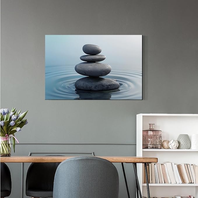 Zen wall art Harmonious grey stones stacked on a calm surface of water Serene Zen decor suitable for tranquil homes and spaces of meditation 20x30in Wood Framed