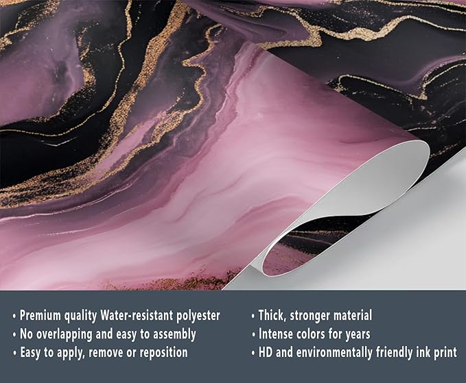 Pink Black Marble Wall Mural, Luxury Fluid Art 3D Wall Murals, Gold Vein Abstract Marble Wallpaper Mural, for Living Room Bedroom Large Wallpaper Indoor Decor 137.8" W x100 H