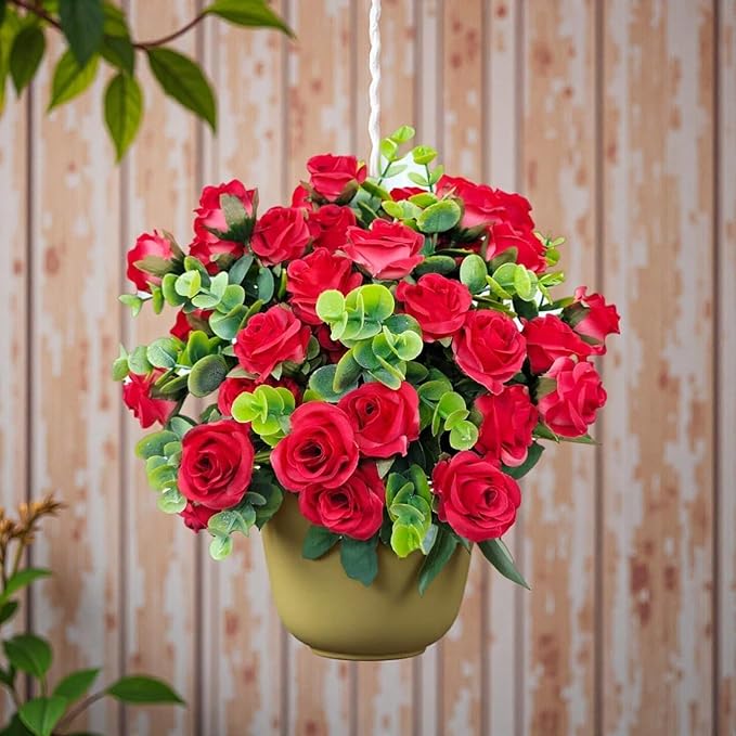 40 Heads Artificial Roses Flowers for Outdoors,4 Bunches Fake Silk Red Rose Plastic Flower UV-Resistant Faux Floral Bouquet Arrangements for Outdoor Vase Planters Garden Outside Decoration