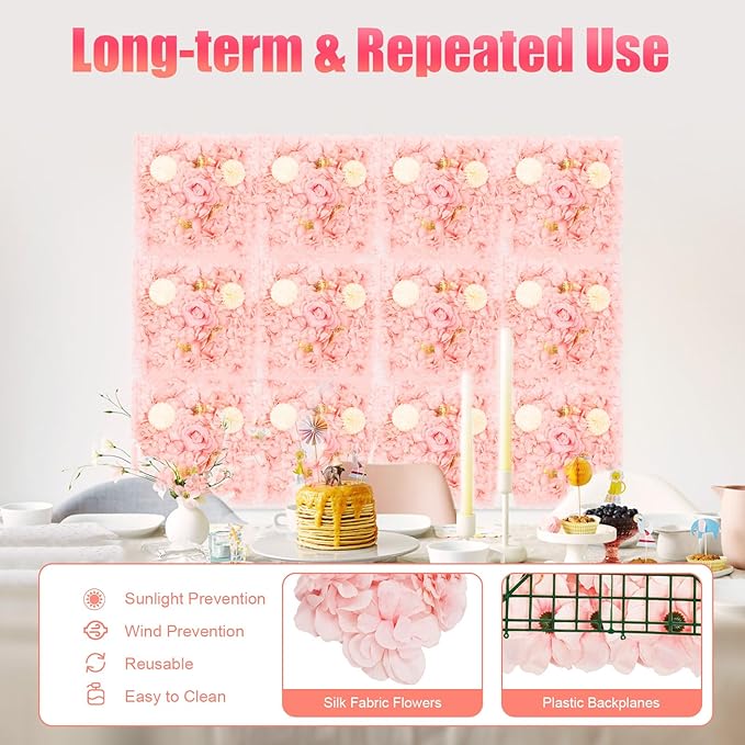 12 Pcs White Flower Wall Flowers Backdrop Artificial Flower for Backdrop Flowers Decoration 3D Floral Panels for Wall Decor Home Party Wedding Room Decoration (38x38cm/Pink+ Champagne)