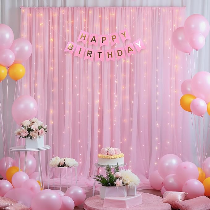 10x8ft Baby Pink Tulle Backdrop Curtain with Lights String for Parites, Sheer Backdrop Curtains for Wedding Baby Shower Birthday Party Photo Shoot Decorations