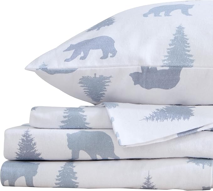Market & Place 100% Turkish Cotton Flannel Sheet Set | 3 Piece Deep Pocket Novelty Cozy Winter Bed Sheets | Double Brushed for Extra Softness & Comfort | Alpine Collection (Twin, Grey Bears)