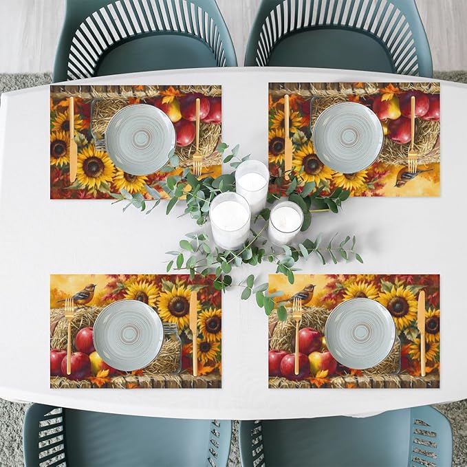 Autumn Apple Flower Sunflower Placemats Set of 1 PVC Vinyl Non Slip Table Mats Heat Resistant Place Mats Washable Wipeable Dining Table Mat for Kitchen Decor Party Indoor Outdoor Decorative Gift