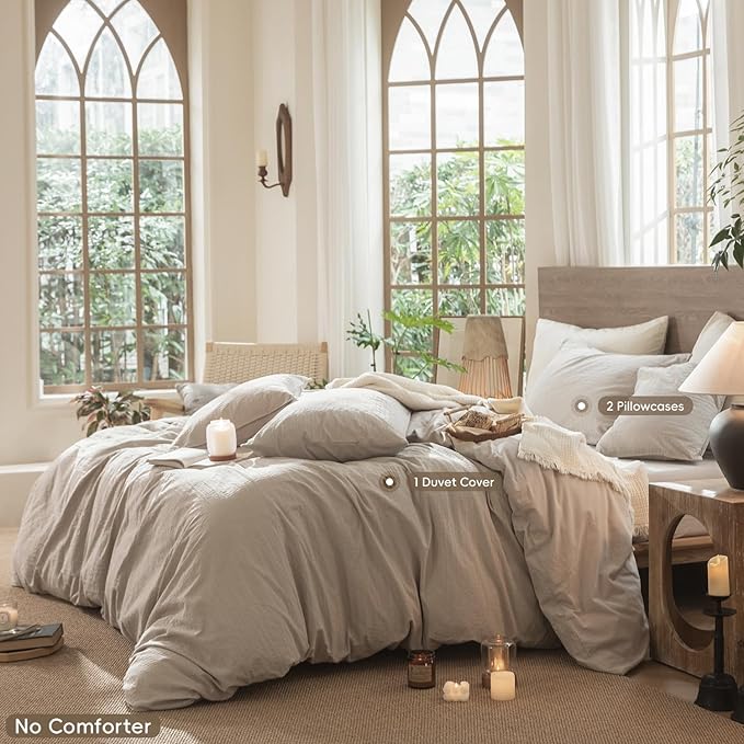 MooMee Wavy Striped Duvet Cover Set 100% Washed Cotton Linen Like Textured Breathable Durable Soft Comfy (Beige, Alaska King 132"x120")