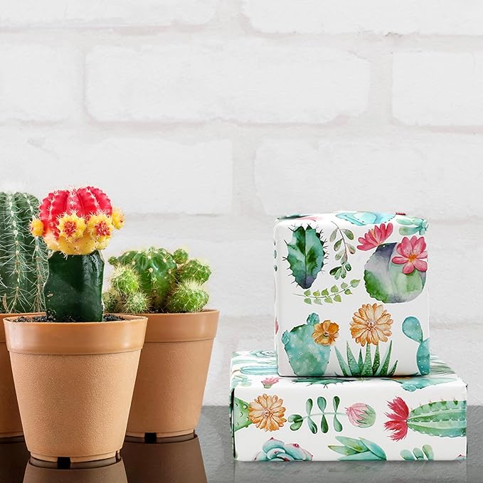 JarThenaAMCS Cactus Wrapping Paper -Mini Roll- 17 Inch x 32.8Ft Watercolor Succulent Plant Gift Wrap Paper Decorative Art Paper for Birthday Wedding DIY Crafts